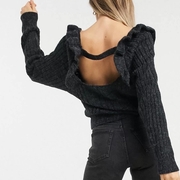 Topshop Sweaters - Topshop Open Back Ruffle Detail Sweater Charcoal Gray